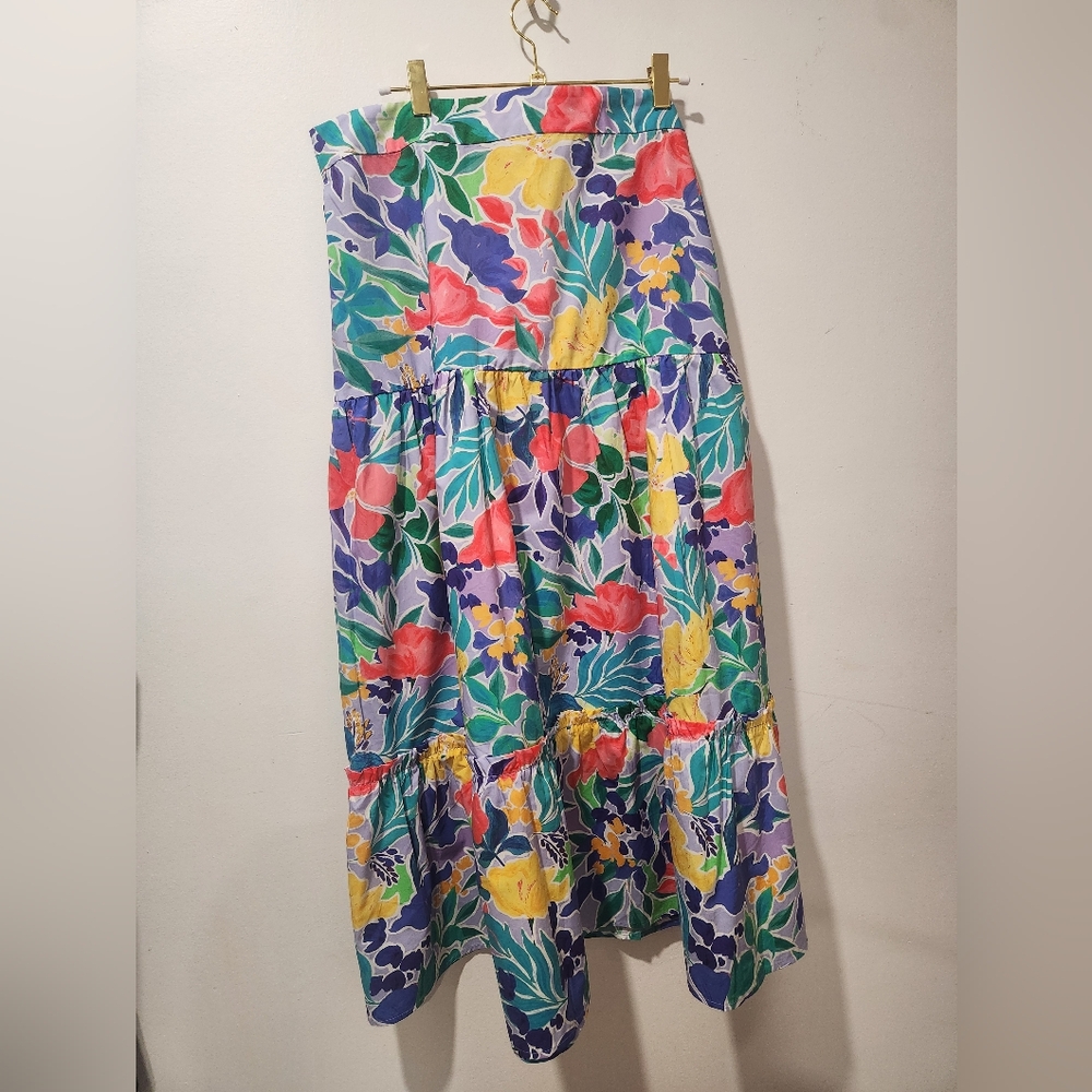 Boston Proper Floral Tiered Smocked Maxi Skirt 100% Cotton Size L